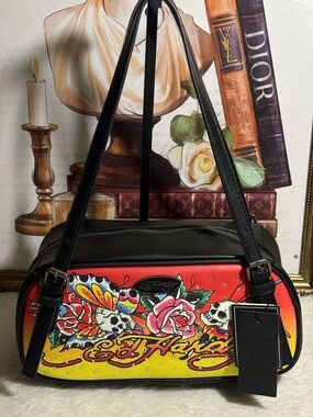 Ed Hardy Multicolor Graffiti Shoulder Bag With Rhinestones